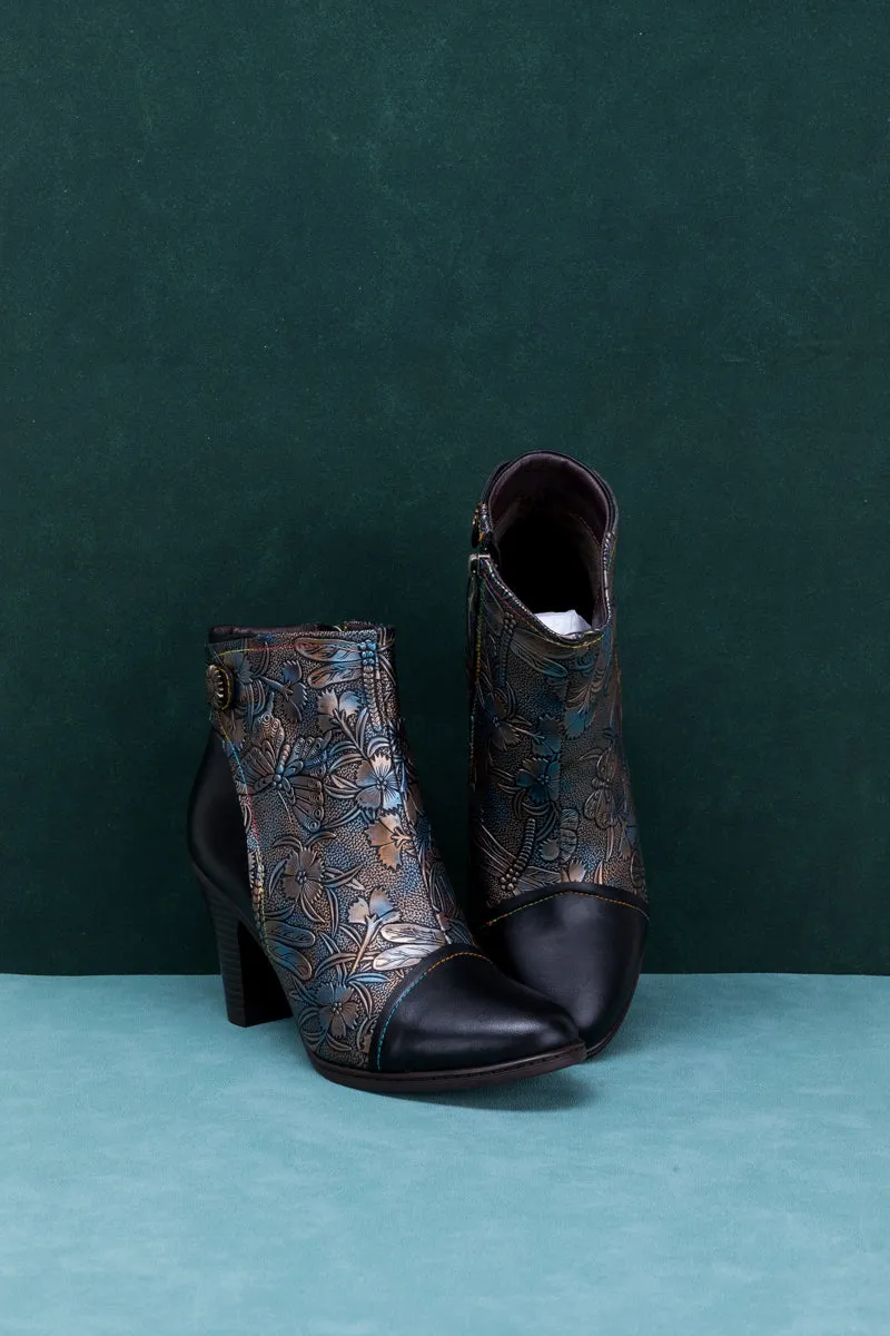 Floral Embossed Metallic Leather Ankle Boot - Black