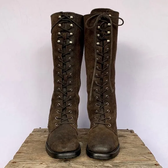FRYE Vintage Campus Lace Up Tall Knee High Zipper Brown Square Toe Chunky Lug Combat Boots