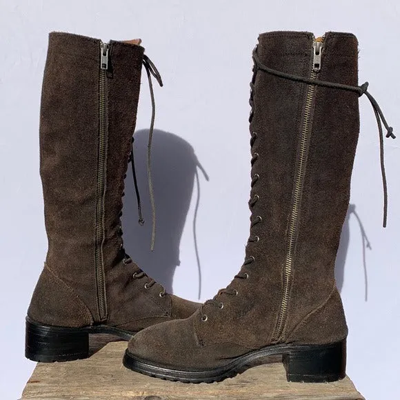 FRYE Vintage Campus Lace Up Tall Knee High Zipper Brown Square Toe Chunky Lug Combat Boots