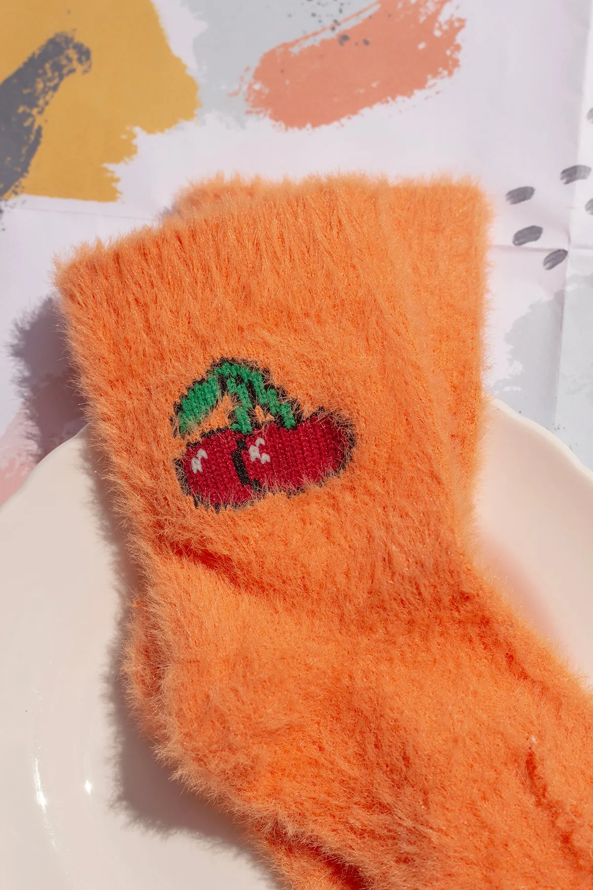 Fuzzy Feel Cherry Fruit Socks