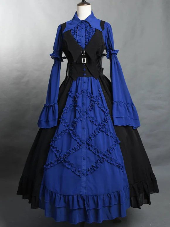 Gothic Lolita Blouses Lolita Top Ruffles Long Sleeves Blouse Blue Lolita Shirt
