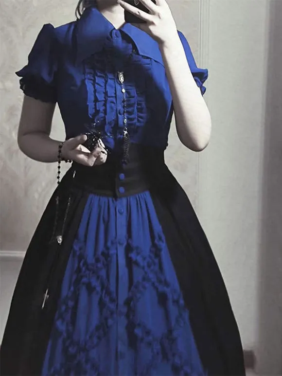 Gothic Lolita Blouses Lolita Top Ruffles Long Sleeves Blouse Blue Lolita Shirt