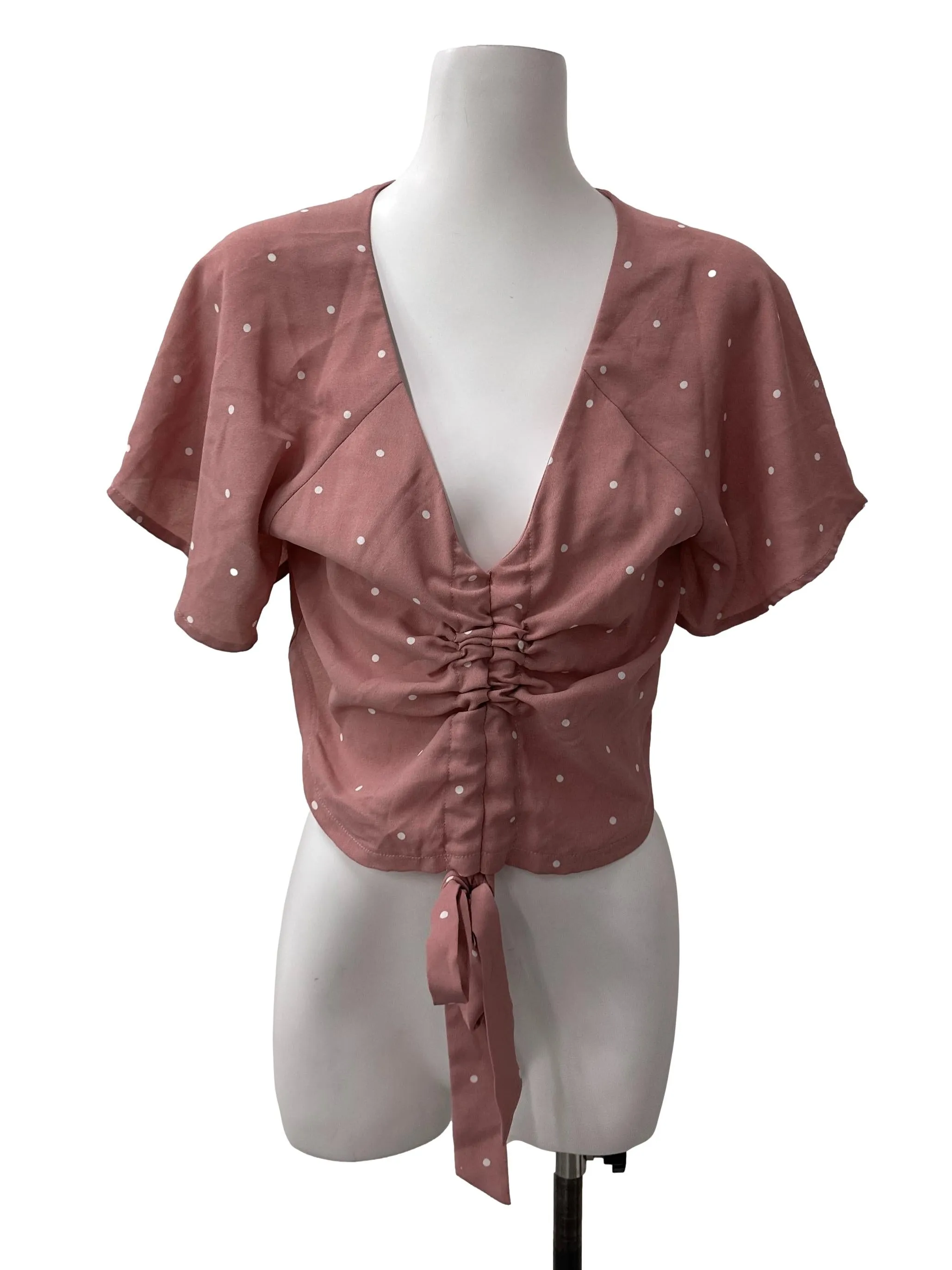 Grape Pink Dotted Sleeved Ruched Top