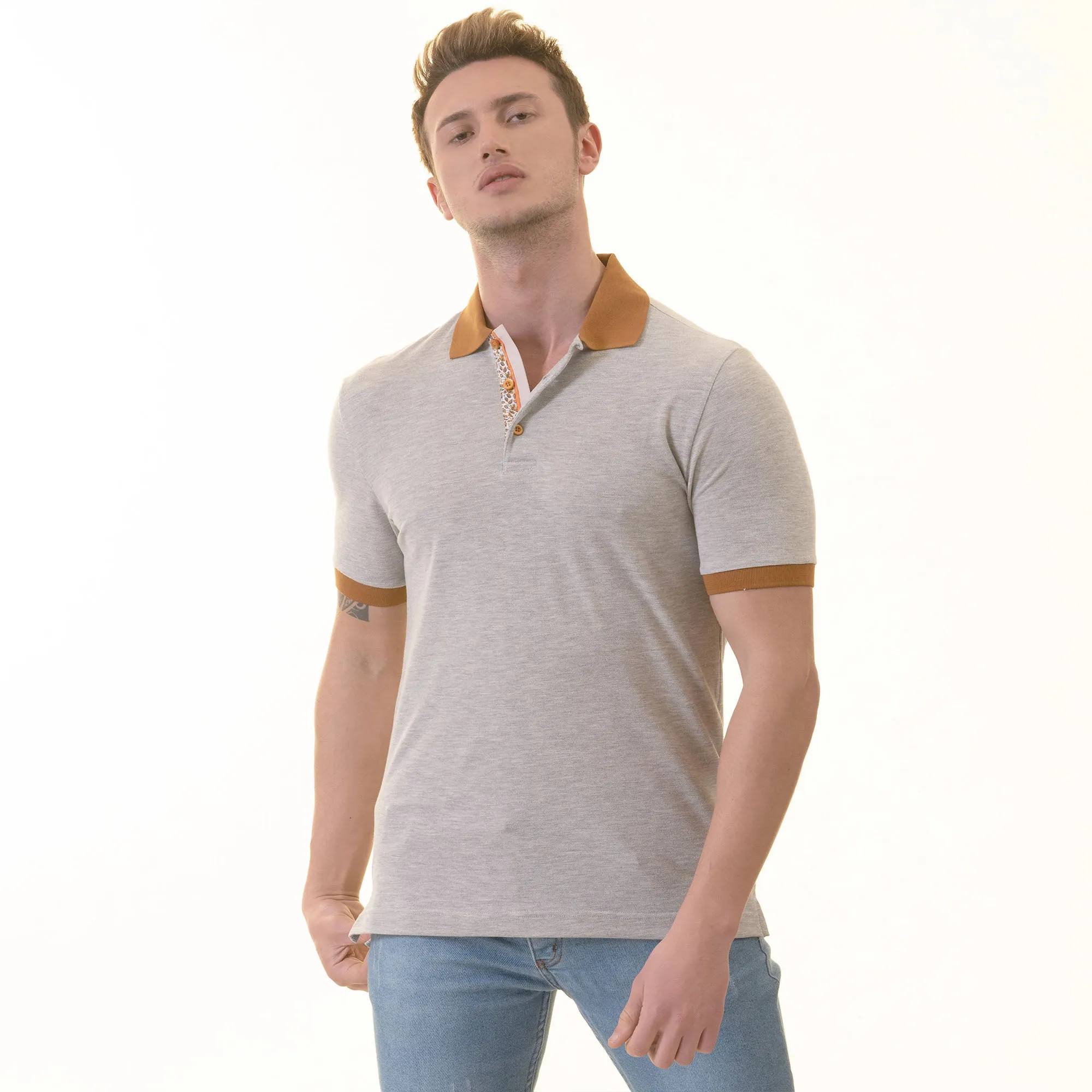 Gray with Mustard Polo Neck Shirt Mens Slim Fit Polo Shirts - 100% Soft Cotton - Tailored Comfortable Fit