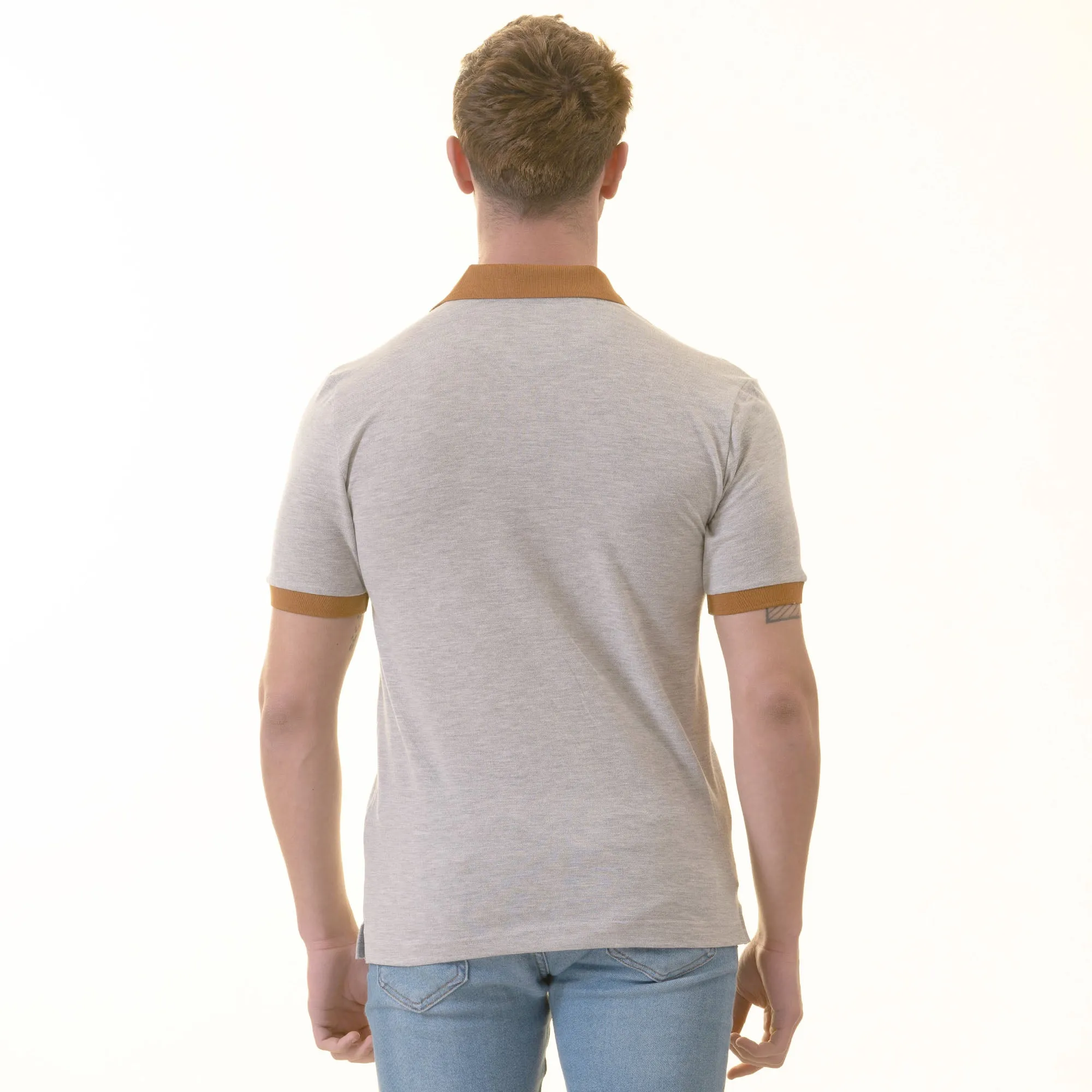 Gray with Mustard Polo Neck Shirt Mens Slim Fit Polo Shirts - 100% Soft Cotton - Tailored Comfortable Fit