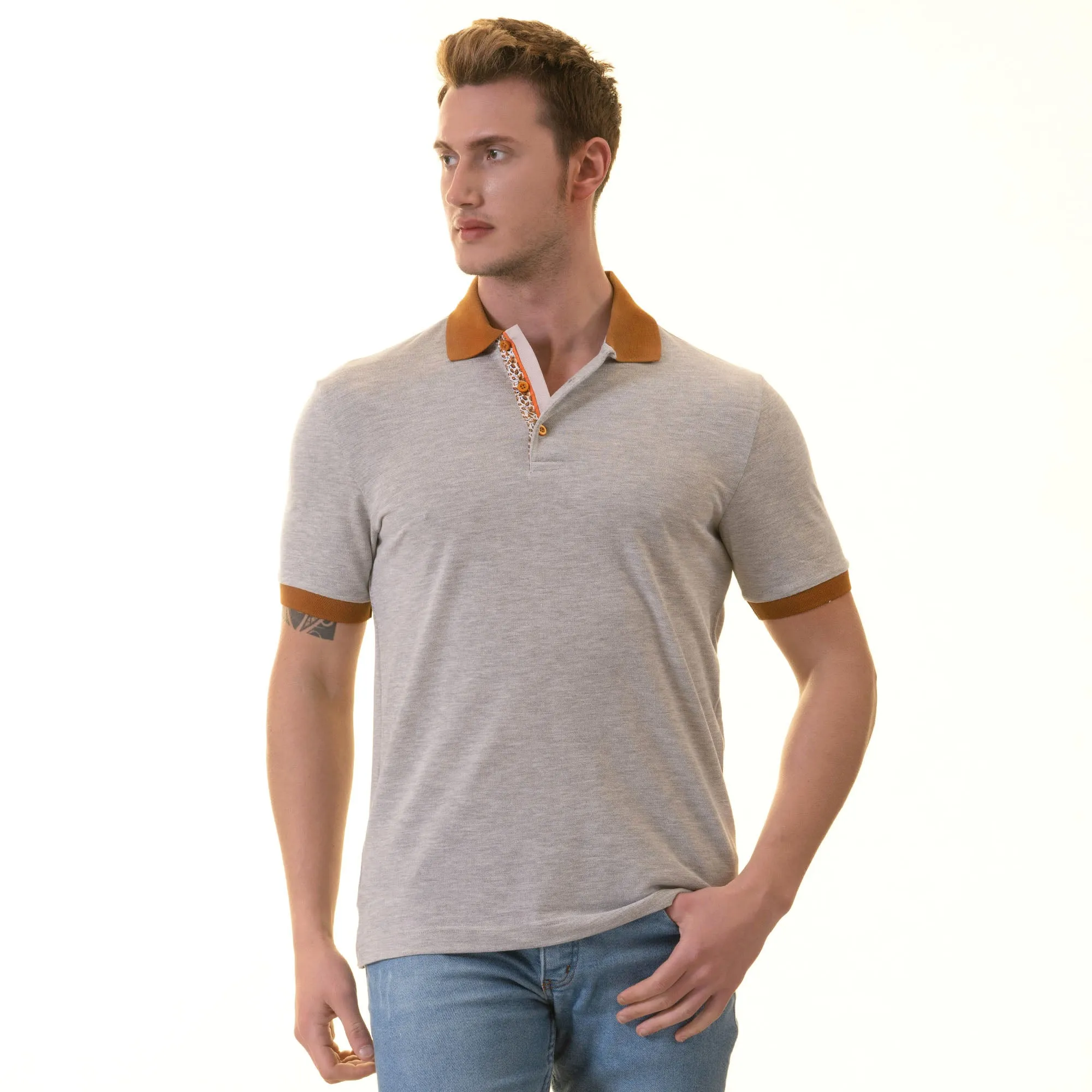 Gray with Mustard Polo Neck Shirt Mens Slim Fit Polo Shirts - 100% Soft Cotton - Tailored Comfortable Fit