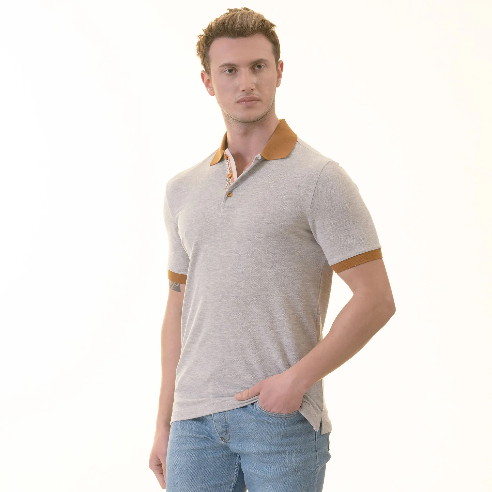 Gray with Mustard Polo Neck Shirt Mens Slim Fit Polo Shirts - 100% Soft Cotton - Tailored Comfortable Fit