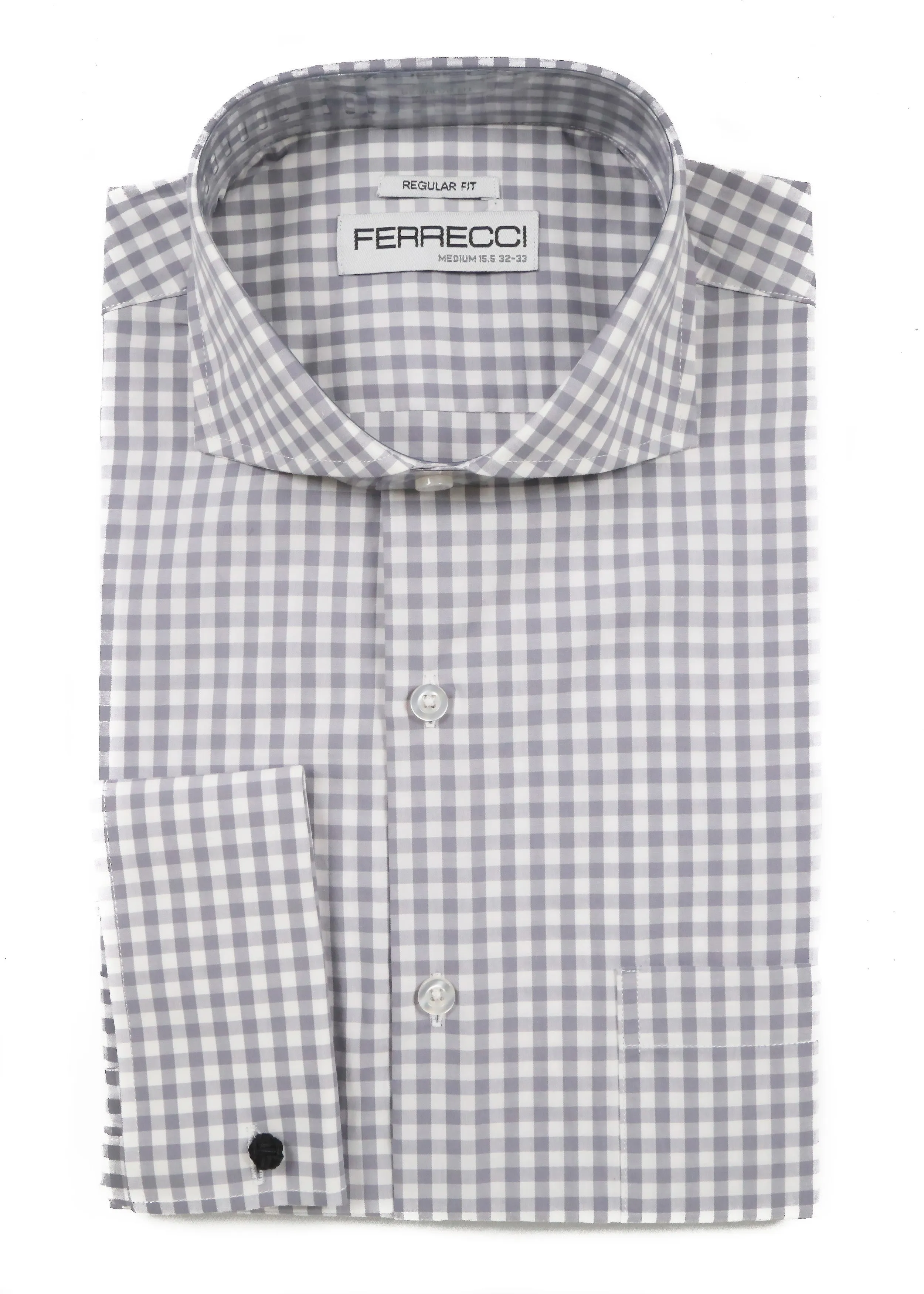 Grey Gingham Check French Cuff Dress Shirt - Regular Fit