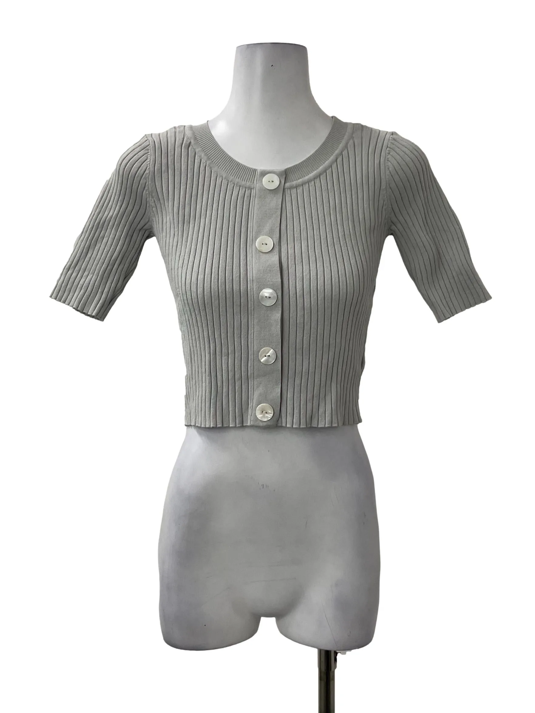 Grey Ribbed Round Neck Top