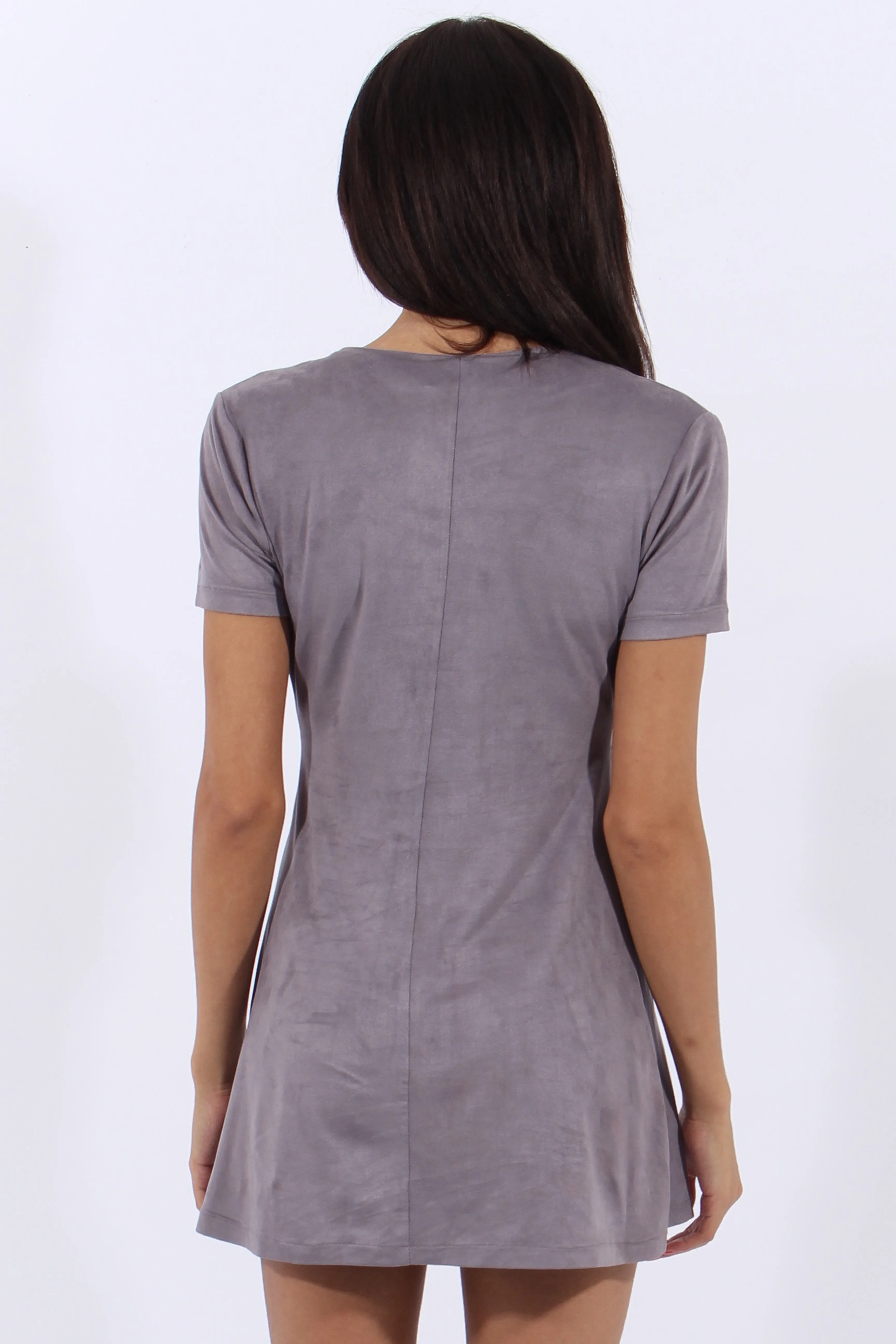 Grey Suede Lace Up Eyelet Skater Dress - Desire