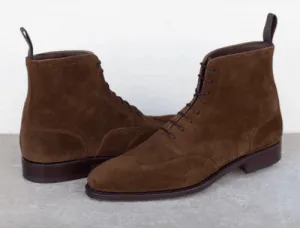 Handmade Wing Tip Brown Suede Lace-Up Ankle Boots