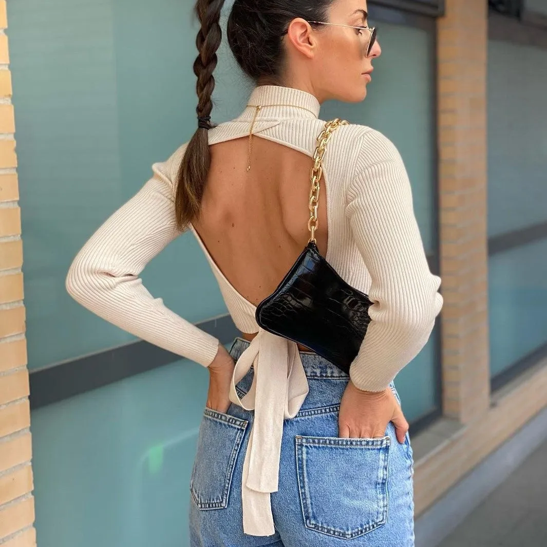 High Collar Bow Knot Backless Knit Sweaters Apricot