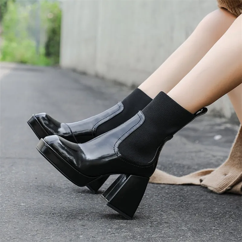 High Heel Chelsea Boots Square Toe Ladies Boots
