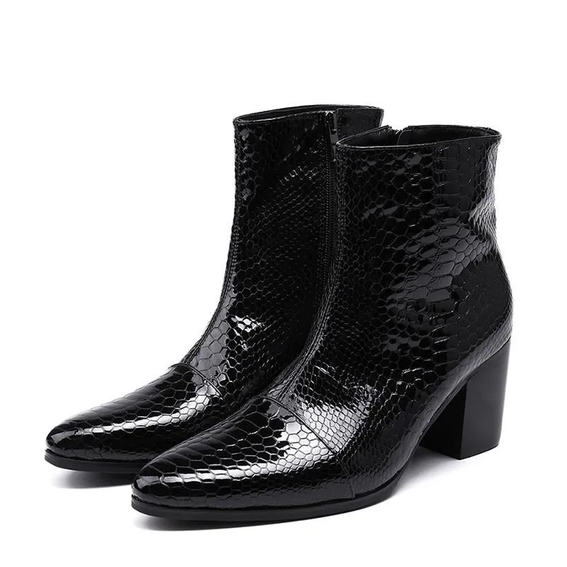 High Heels Men  Pointed Toe Black Leather Boots