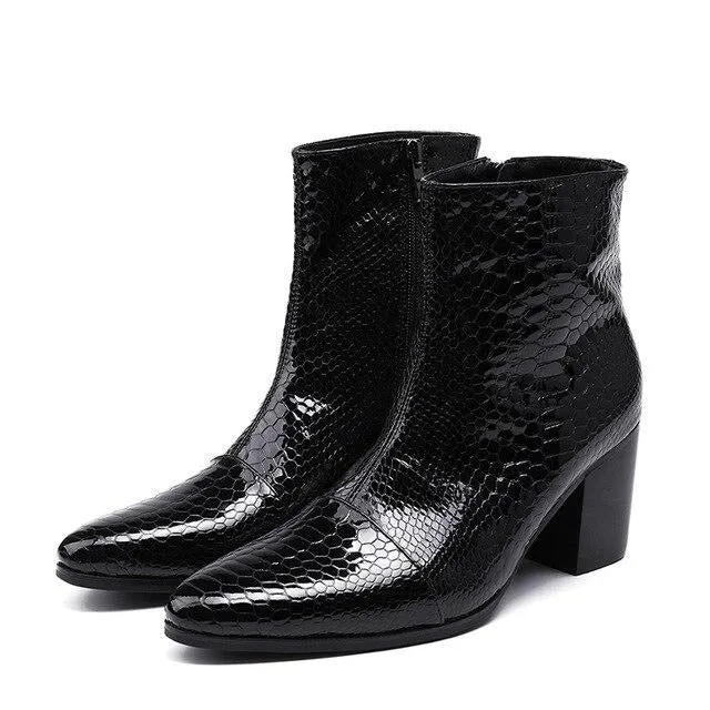 High Heels Men  Pointed Toe Black Leather Boots