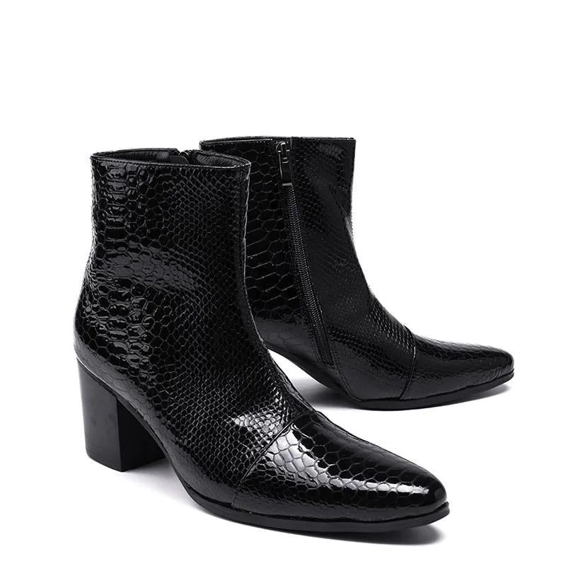 High Heels Men  Pointed Toe Black Leather Boots