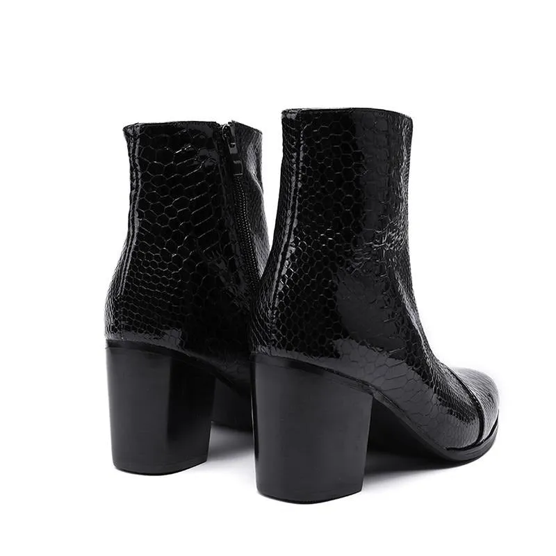 High Heels Men  Pointed Toe Black Leather Boots