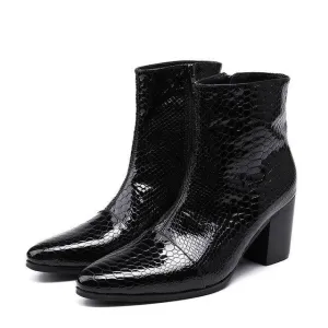 High Heels Men  Pointed Toe Black Leather Boots