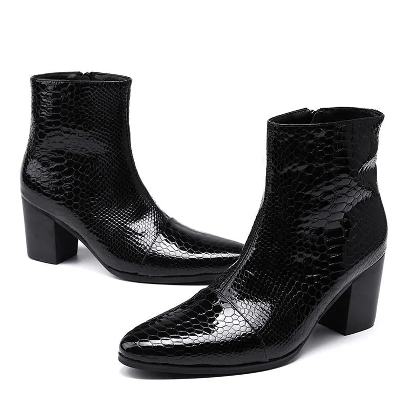 High Heels Men  Pointed Toe Black Leather Boots