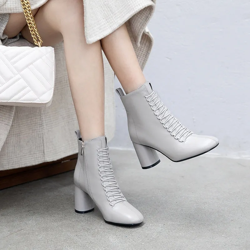 INS HOT New Women Ankle Boots Genuine Leather 22-24.5 Cm Feet Length Boots for Women Pointed Toe Chelsea Boots High Heel Boots
