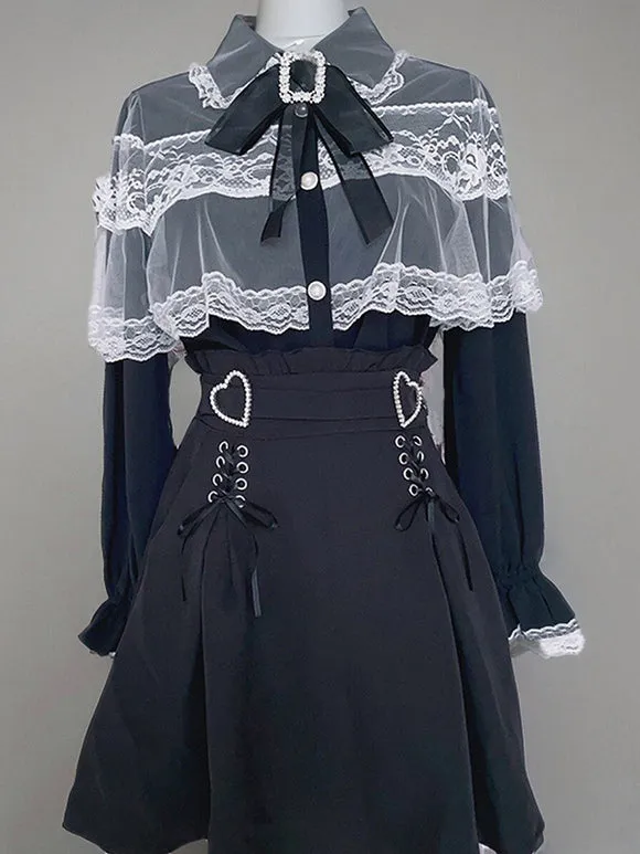 Jirai Kei Top Landmine Style Blouses Lolita Blouses Lolita Top Bows Lace Long Sleeves Blouse Black Lolita Shirt