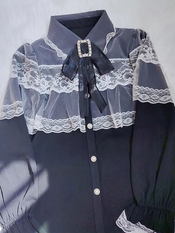 Jirai Kei Top Landmine Style Blouses Lolita Blouses Lolita Top Bows Lace Long Sleeves Blouse Black Lolita Shirt