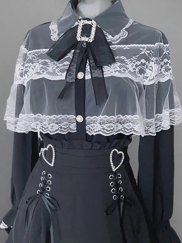 Jirai Kei Top Landmine Style Blouses Lolita Blouses Lolita Top Bows Lace Long Sleeves Blouse Black Lolita Shirt