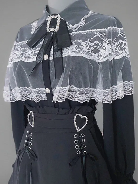 Jirai Kei Top Landmine Style Blouses Lolita Blouses Lolita Top Bows Lace Long Sleeves Blouse Black Lolita Shirt