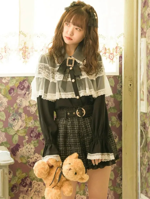 Jirai Kei Top Landmine Style Blouses Lolita Blouses Lolita Top Bows Lace Long Sleeves Blouse Black Lolita Shirt