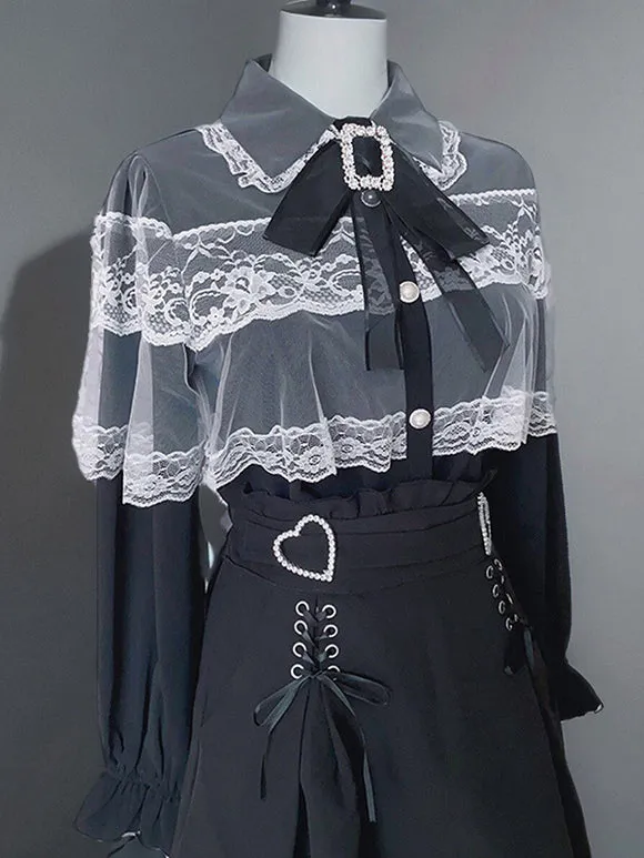 Jirai Kei Top Landmine Style Blouses Lolita Blouses Lolita Top Bows Lace Long Sleeves Blouse Black Lolita Shirt