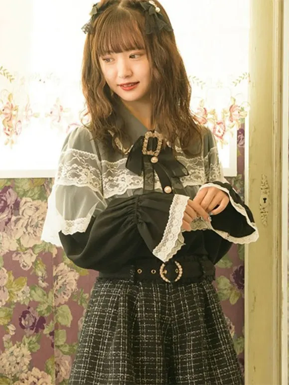 Jirai Kei Top Landmine Style Blouses Lolita Blouses Lolita Top Bows Lace Long Sleeves Blouse Black Lolita Shirt
