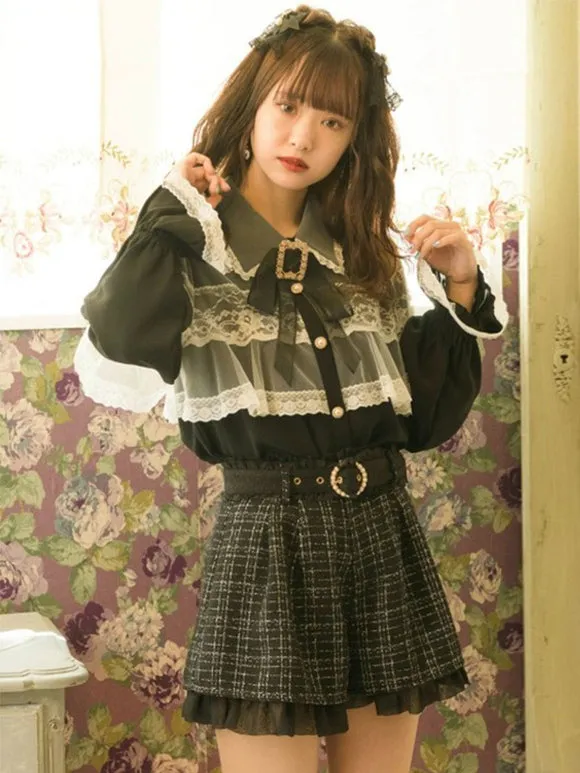 Jirai Kei Top Landmine Style Blouses Lolita Blouses Lolita Top Bows Lace Long Sleeves Blouse Black Lolita Shirt