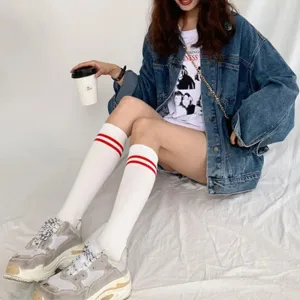 JK Stockings Beige Stripe Socks Calf Length JK Socks Stockings J50015