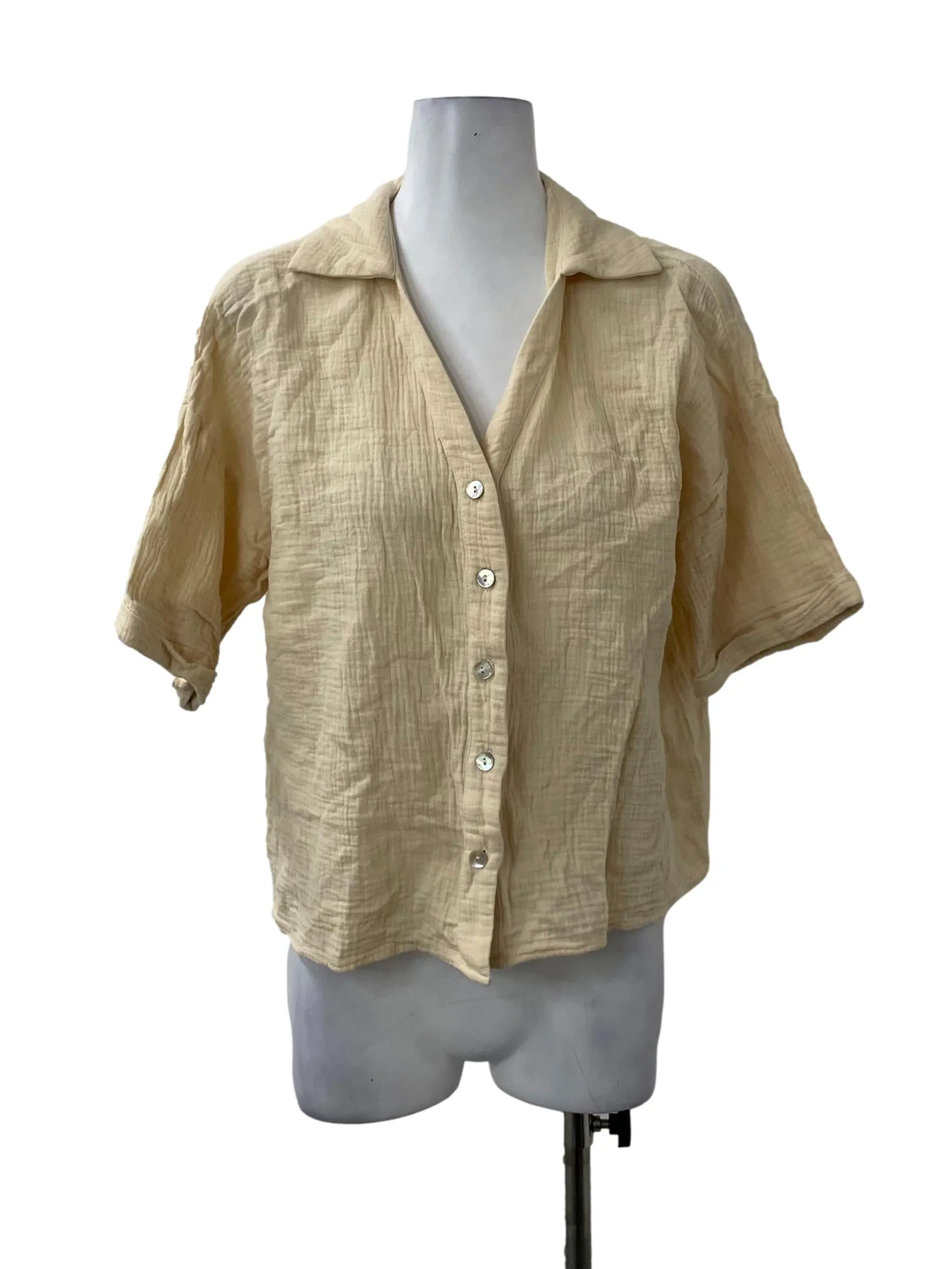 Khaki Textured Button Collar Top