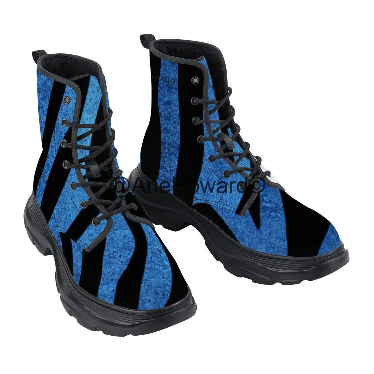 KM Chunky Vegan Leather Boots True Blue Stripes