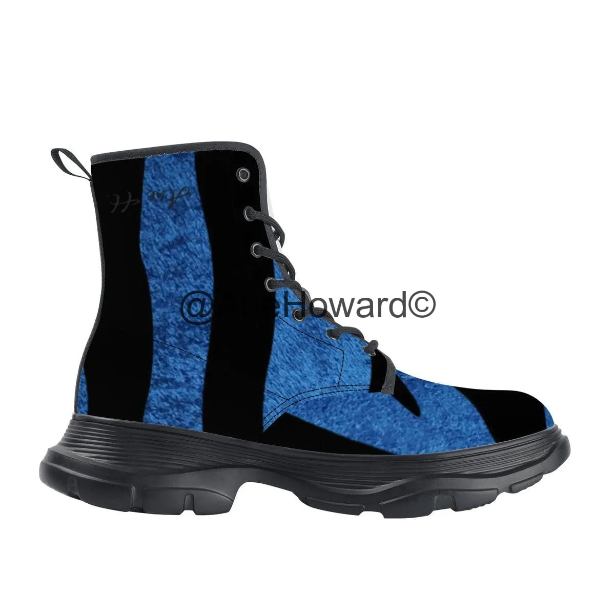 KM Chunky Vegan Leather Boots True Blue Stripes
