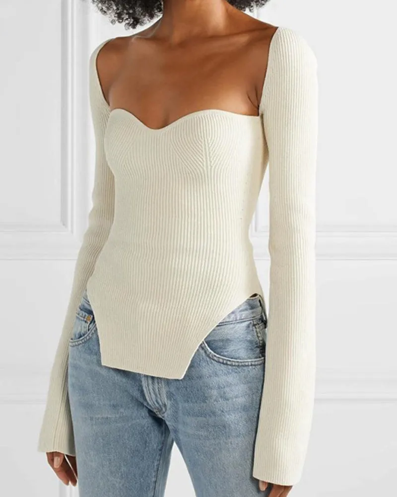 Knit Irregular Hem Square Collar Shirts Sweaters