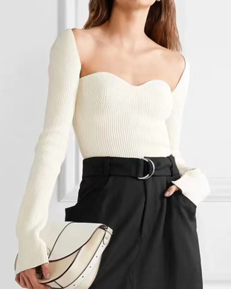 Knit Irregular Hem Square Collar Shirts Sweaters