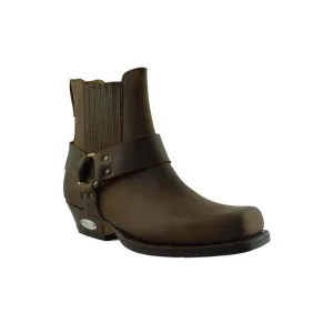 Loblan 096 Brown Leather Cowboy Ankle Boots Biker Western Square Chisel Toe Boot