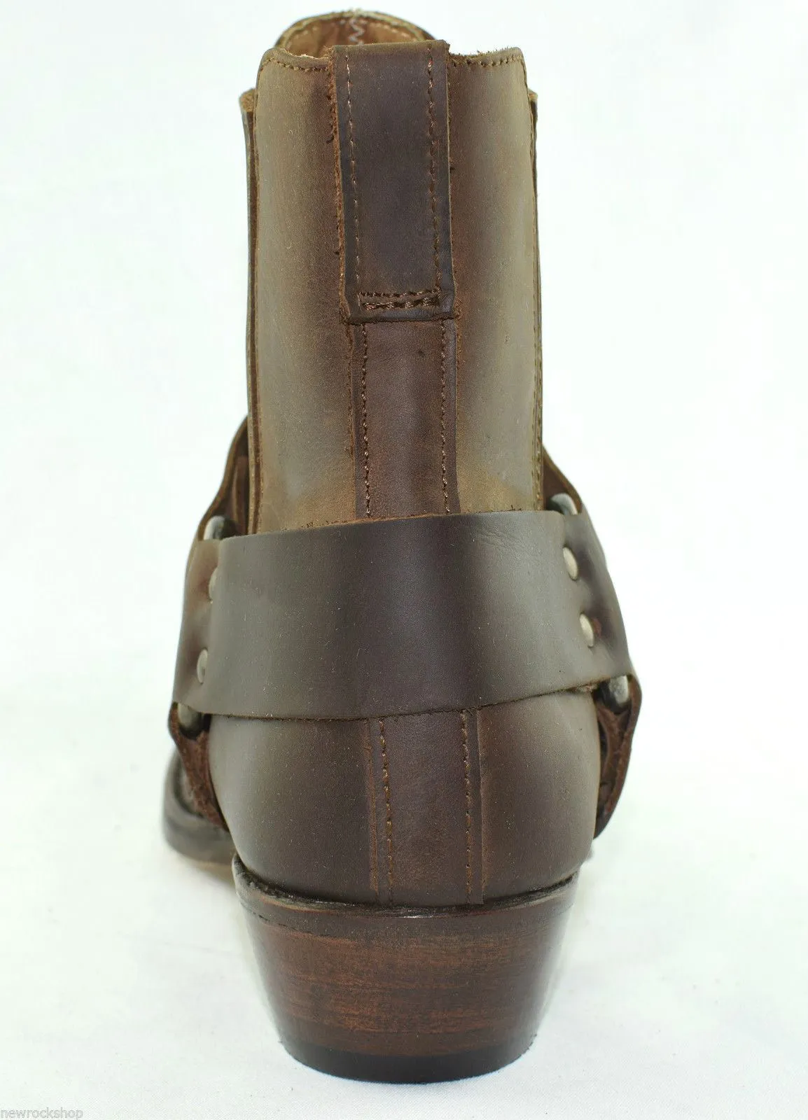 Loblan 096 Brown Leather Cowboy Ankle Boots Biker Western Square Chisel Toe Boot
