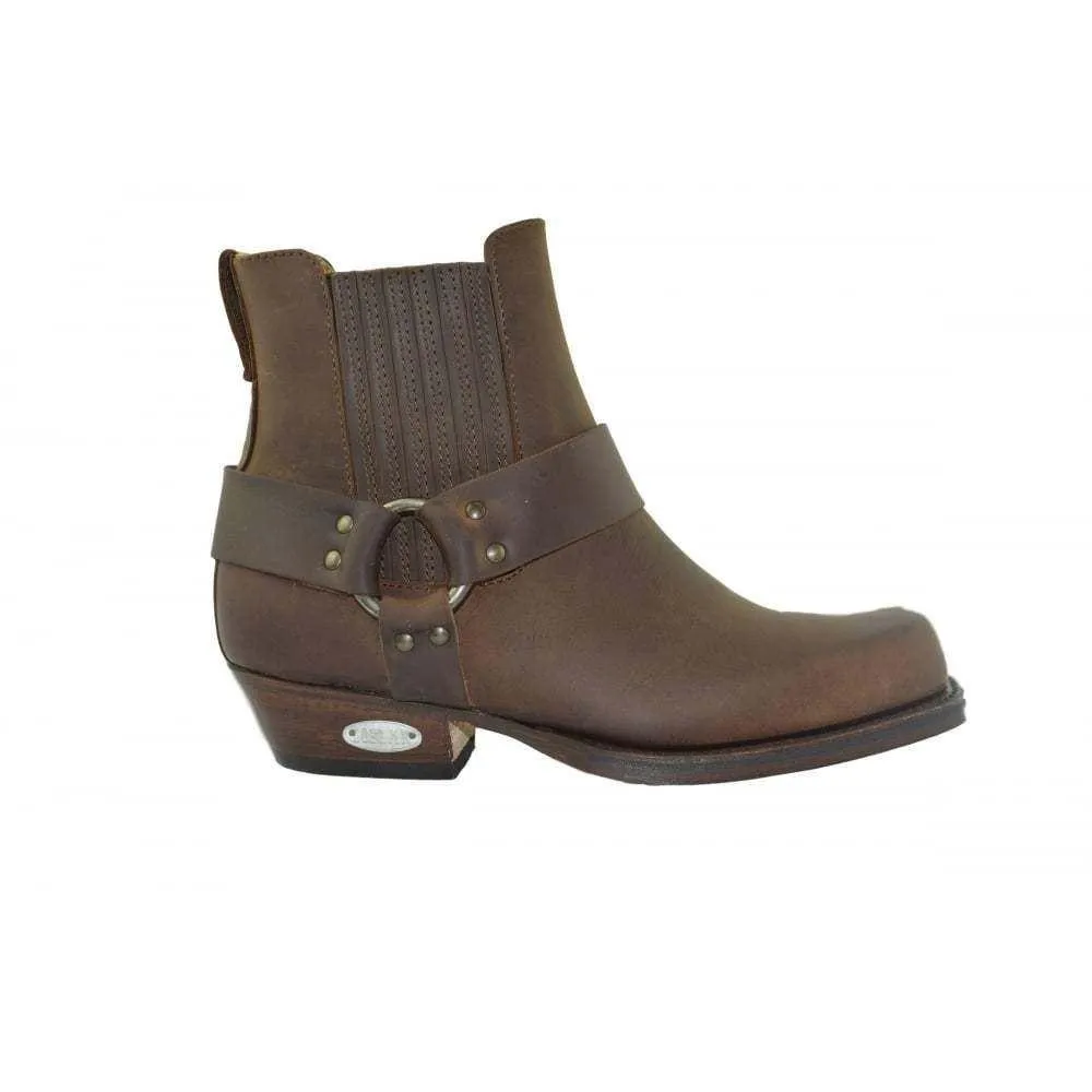 Loblan 096 Brown Leather Cowboy Ankle Boots Biker Western Square Chisel Toe Boot