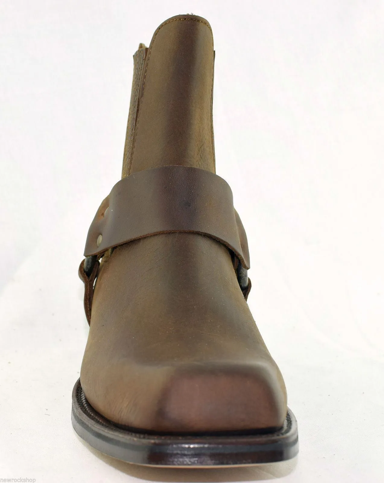 Loblan 096 Brown Leather Cowboy Ankle Boots Biker Western Square Chisel Toe Boot