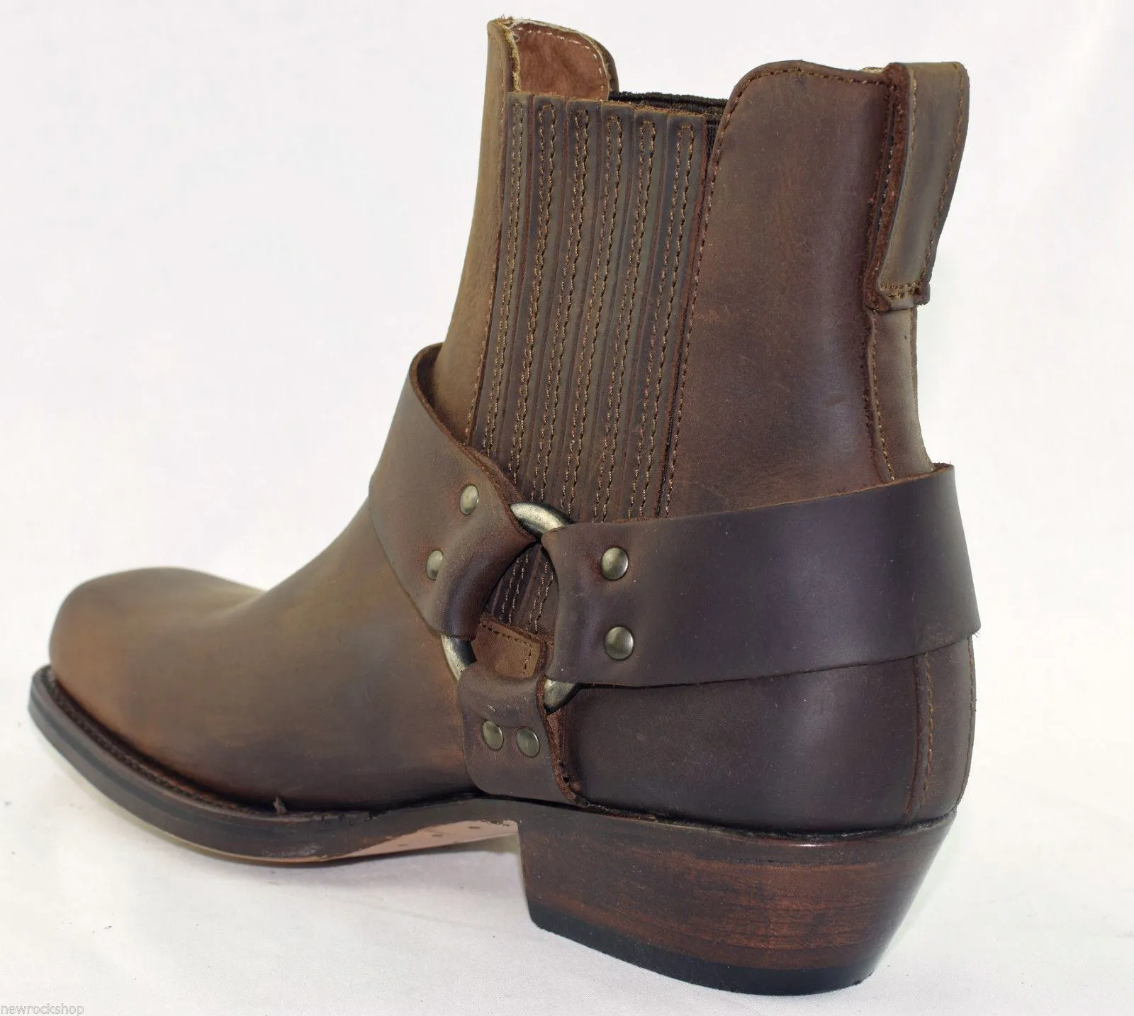 Loblan 096 Brown Leather Cowboy Ankle Boots Biker Western Square Chisel Toe Boot