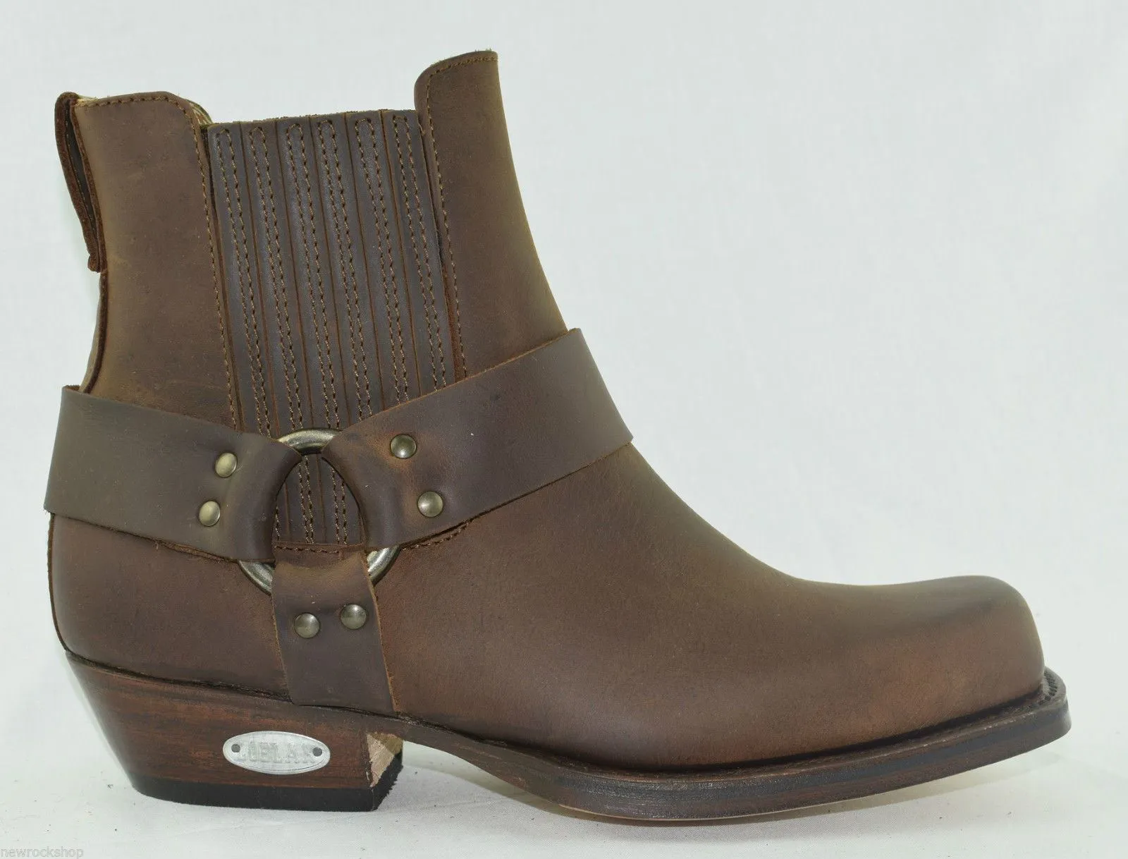 Loblan 096 Brown Leather Cowboy Ankle Boots Biker Western Square Chisel Toe Boot
