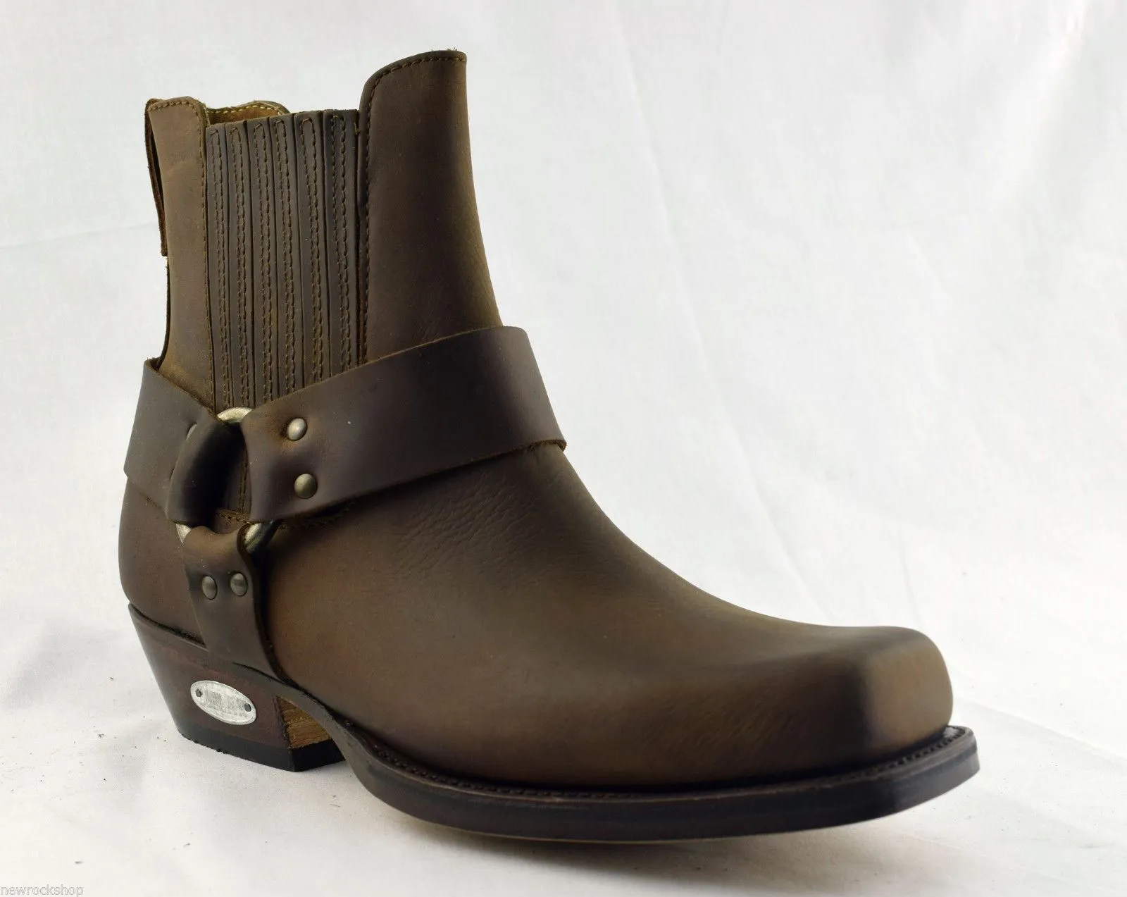 Loblan 096 Brown Leather Cowboy Ankle Boots Biker Western Square Chisel Toe Boot