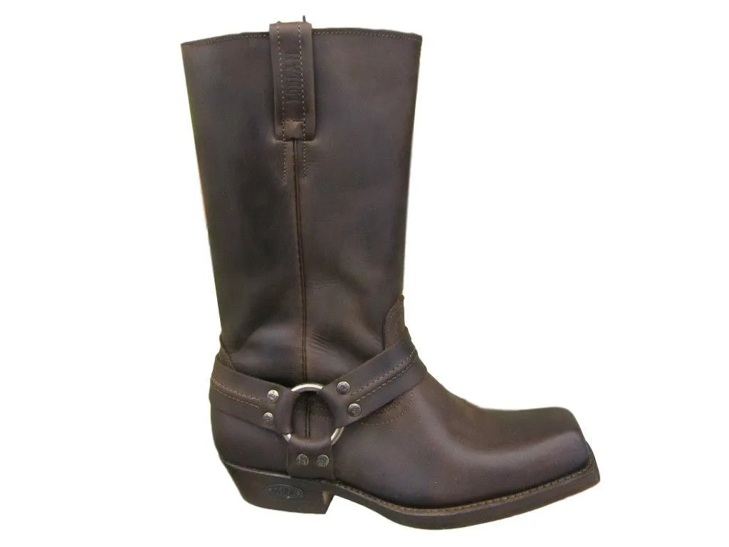 Loblan 295 Brown Waxy Leather Mens Biker Boots Classic Cowboy Square Chisel Toe