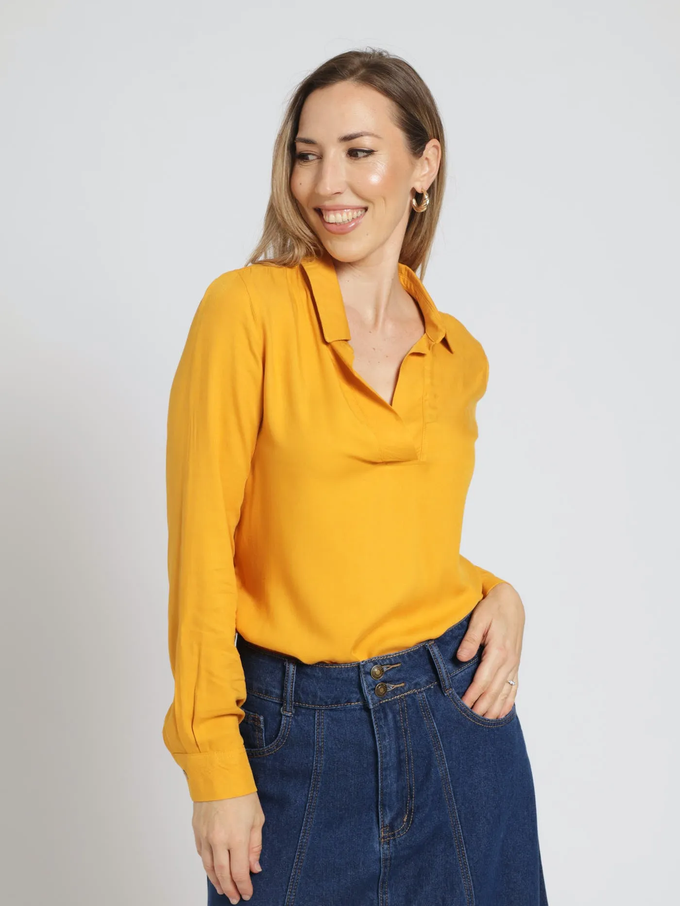 Long Sleeve Collared Blouse - Mustard