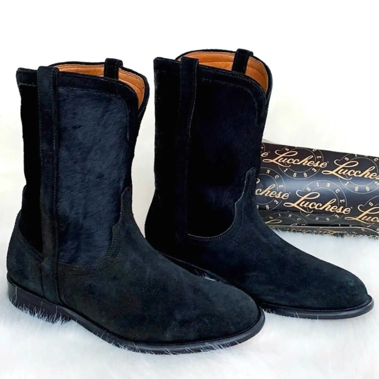 LUCCHESE Calf Hair On Western Roper Black Cowboy Boots
