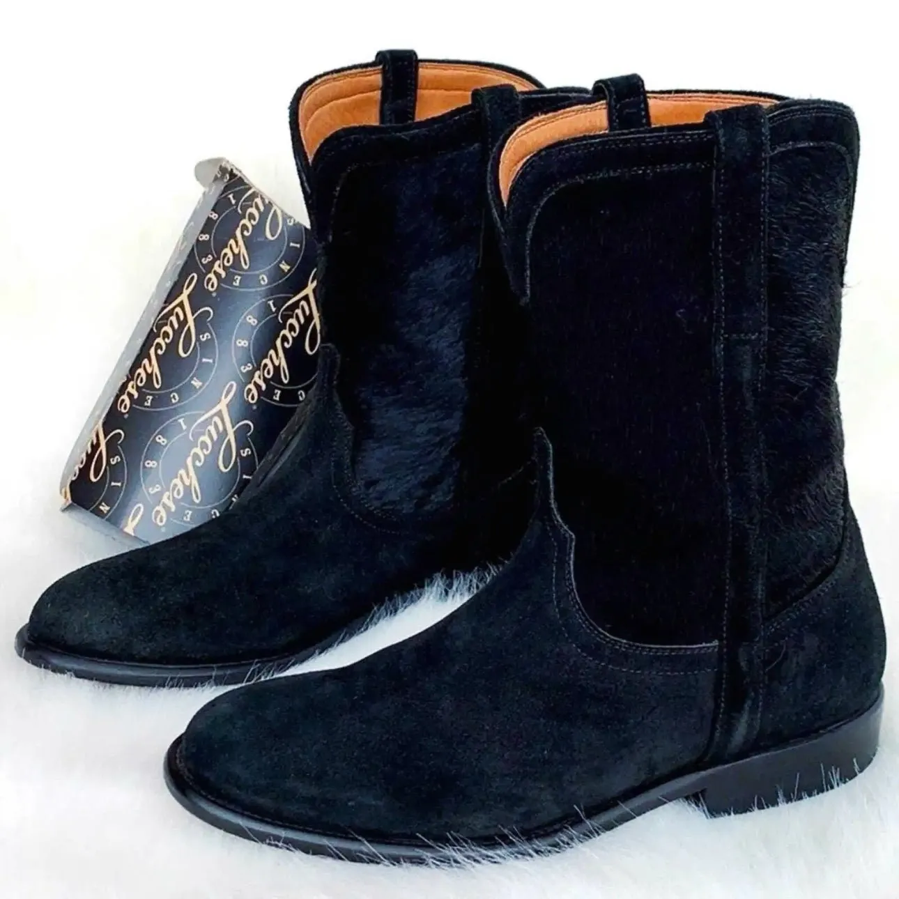 LUCCHESE Calf Hair On Western Roper Black Cowboy Boots