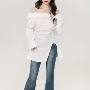 Minimalist Long Sleeve Blouse with a Chic Bardot Neckline
